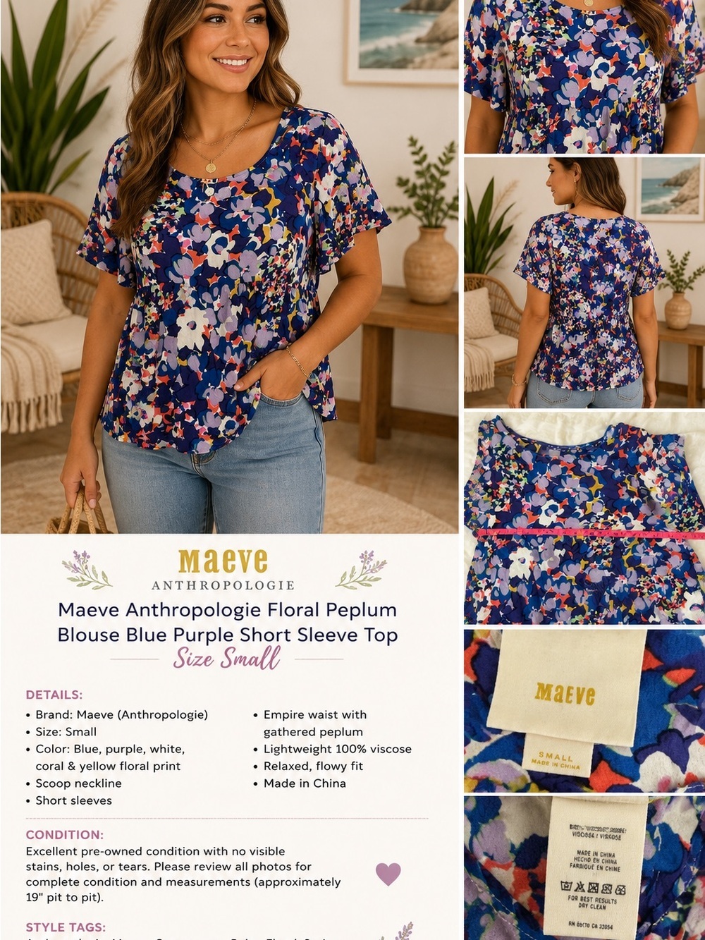 Maeve Blue & Purple Floral Peplum Short Sleeve Top